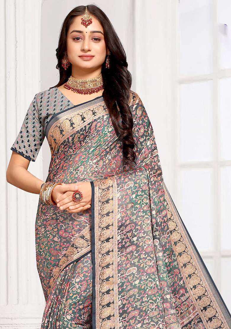 Grey Brasso Saree Set with Embroidered for Diwali | Wedding & Festive Wear - Indya